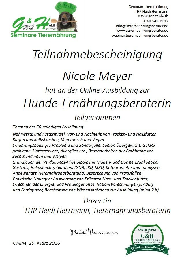 Teilnahmebescheinigung Hunde-Ernährungsberaterin